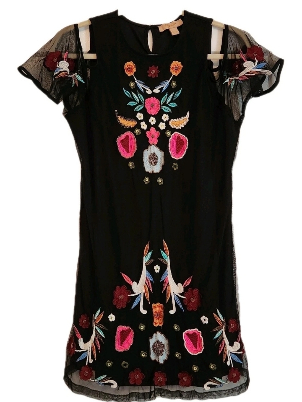 Black Embroidered Mini Dress with Floral Detail Kyra